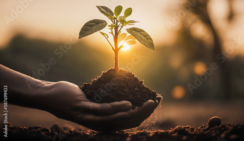Fotografia close up hand holding seed plant planting growing plants in nature, Generative a