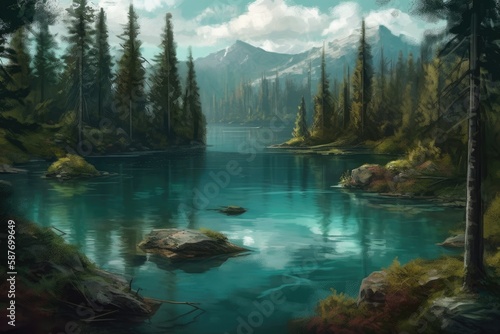 serene lake surrounded by a lush forest. Generative AI