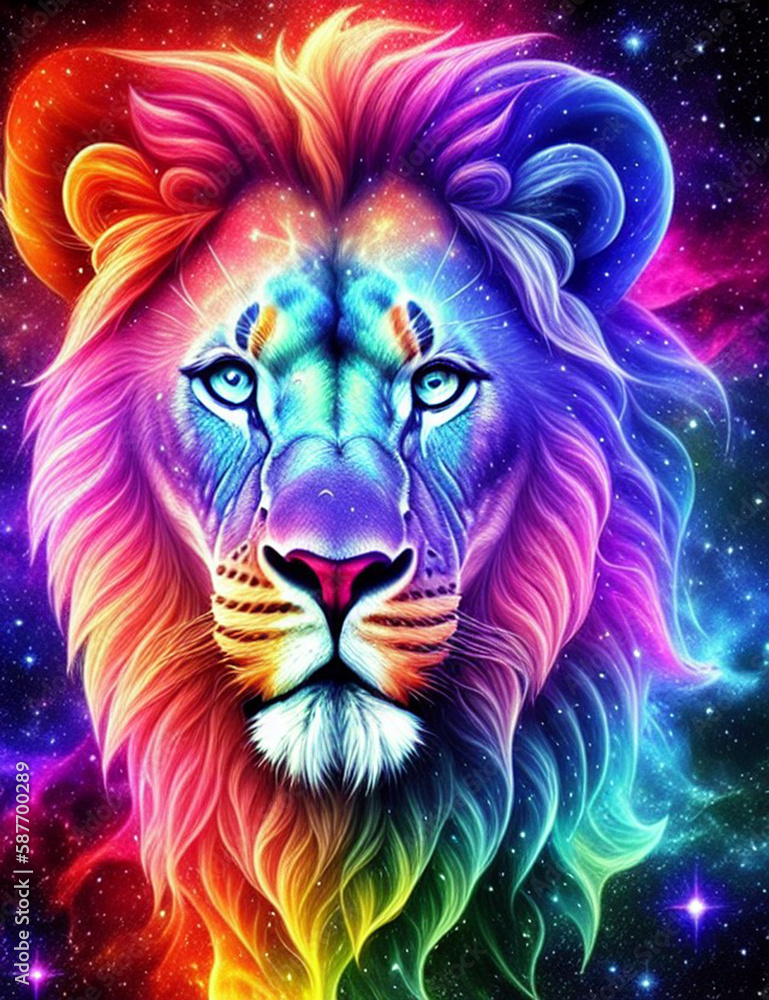 colorful lion head, space, nebula, shining stars, create with generative Ai
