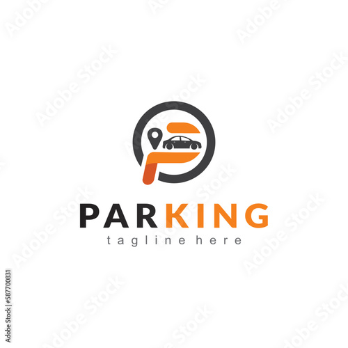 initial letter p logo, parking app logo, transport simple logo, location pin and car shape symbol.