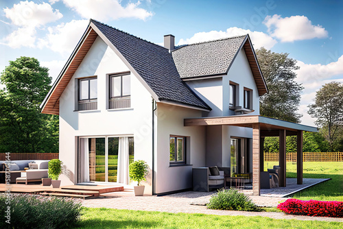Illustration of modern German detached house with beautiful garden as city real estate photography (Generative AI) photo