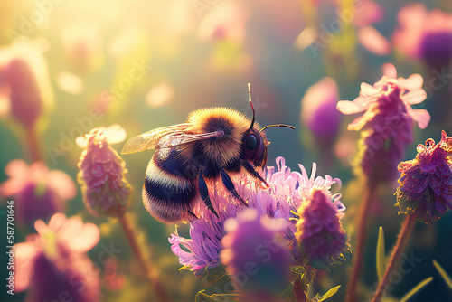 Honey bee in flower field (Generative AI)