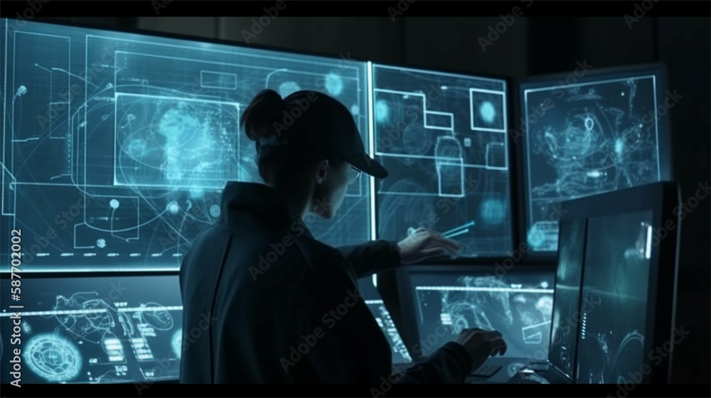 Businessman / woman working on futuristic screen for a technology Company inside office generative art Businessman / woman working on futuristic screen for a technology Company inside office generative art