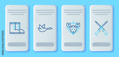 Set line Flying duck, Hunt on moose with crosshairs, Hunter boots and Two crossed shotguns icon. Vector