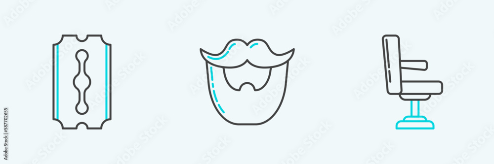 Set line Barbershop chair, Blade razor and Mustache and beard icon. Vector Set line Barbershop chair, Blade razor and Mustache and beard icon. Vector