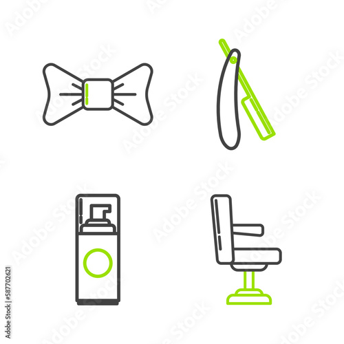 Set line Barbershop chair, Shaving gel foam, Straight razor and Bow tie icon. Vector