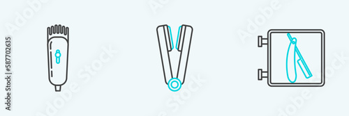 Set line Barbershop with razor, Electrical hair clipper shaver and Curling iron for icon. Vector
