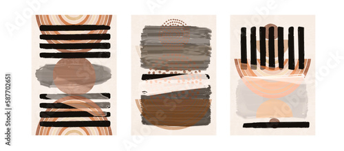 Earth tone abstract shapes and lines composition. Abstraction with cutout organic elements and irregular forms with different textures. Set of artistic collages. Vector illustration cards