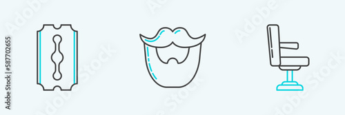 Set line Barbershop chair, Blade razor and Mustache and beard icon. Vector