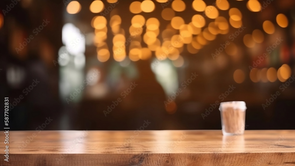 Product Display on Empty Cafe Table with Bokeh Effect. Restaurant Table with Blurred Background