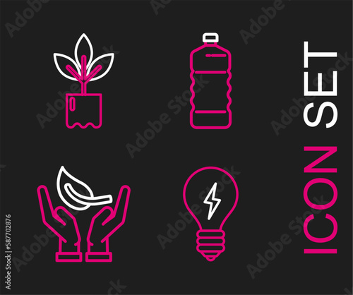 Set line Light bulb with lightning symbol, Sprout hand of environmental protection, Plastic bottle and Plant icon. Vector