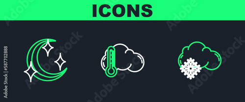 Set line Cloud with snow, Moon and stars and Thermometer cloud icon. Vector