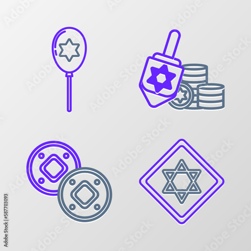 Set line Star of David, Jewish coin, Hanukkah dreidel and and Balloons with ribbon with star david icon. Vector photo