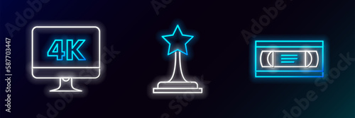 Set line VHS video cassette tape, Computer PC monitor with 4k technology and Movie trophy icon. Glowing neon. Vector