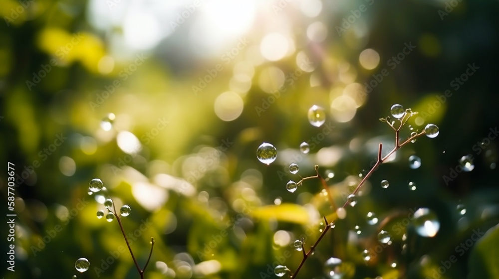 Obraz premium Beautiful soap bubbles on green meadow. Colorful bokeh background. Macro photo of water drops with bokeh background. Created using Generative AI technology.