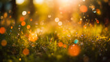 Beautiful soap bubbles on green meadow. Colorful bokeh background. Macro photo of water drops with bokeh background. Created using Generative AI technology.