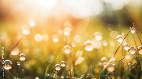 Beautiful soap bubbles on green meadow. Colorful bokeh background. Macro photo of water drops with bokeh background. Created using Generative AI technology.