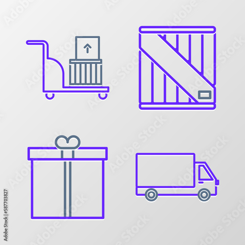 Set line Delivery cargo truck vehicle, Gift box, Wooden and Electric hand and boxes icon. Vector