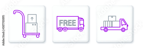 Set line Delivery truck with cardboard boxes, Hand and and Free delivery service icon. Vector