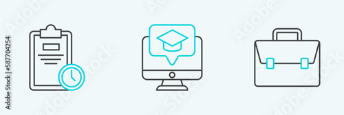 Set line Briefcase, Exam sheet with clock and Monitor graduation cap icon. Vector