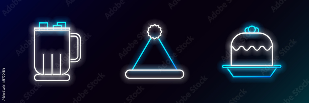 Set line Cake, Hot chocolate cup with marshmallows and Christmas Santa Claus hat icon. Glowing neon. Vector Set line Cake, Hot chocolate cup with marshmallows and Christmas Santa Claus hat icon. Glowing neon. Vector