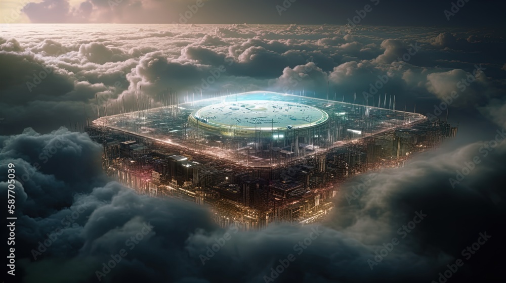 Cloud City: Microchip Floating Island in a Surreal Sky Symbolizing the ...