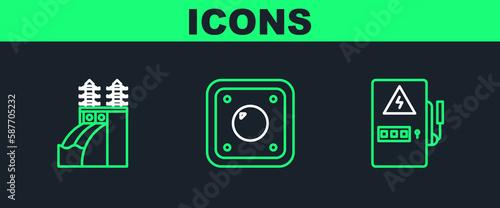 Set line Electrical panel, Nuclear power plant and light switch icon. Vector