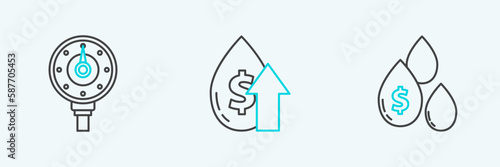 Set line Oil drop with dollar symbol, Motor gas gauge and price increase icon. Vector