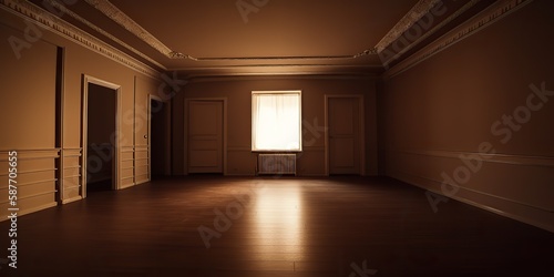 Mockup of an empty brown room interior, with wooden floor and blank walls, Generative AI