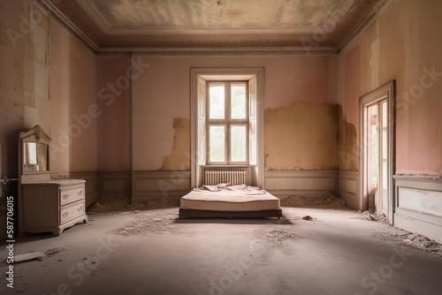 An old  empty bedroom in a beige color scheme  Generative AI