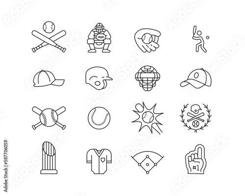 Baseball Icon collection containing 16 editable stroke icons. Perfect for logos, stats and infographics. Change the thickness of the line in Adobe Illustrator (or any vector capable app).