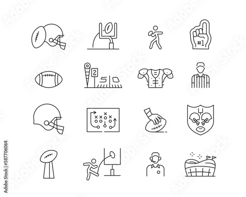 American Football Icon collection containing 16 editable stroke icons. Perfect for logos, stats and infographics. Change the thickness of the line in Adobe Illustrator (or any vector capable app).