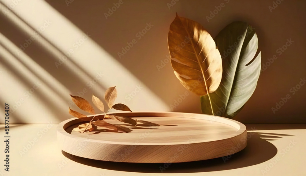 Podium template with foliage drop shadow for product. Beauty mockup with empty tray presentation. Generative AI. Podium template with foliage drop shadow for product. Beauty mockup with empty tray presentation. Generative AI.