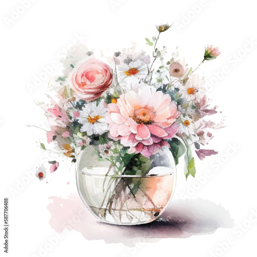 Watercolor bouqet with wild pink and white flowers in vase. Collection magenta flowers, leaves, branches. Design for greetings, card, invitation, flyer, banner.