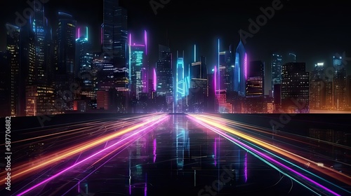 Vibrant neon light streaks on a dark cityscape background
