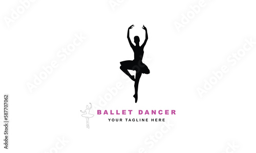 Logo for a ballet or dance studio. Silhouette of a young girl dancer. Logo for posters, banners, signs, mobile applications. Vector illustration, creative, modern design with white template.