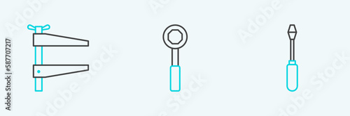 Set line Screwdriver, Clamp tool and Wrench spanner icon. Vector