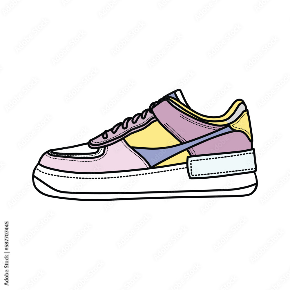 Naklejka premium Sneakers Design with Side angle. Sport shoes . Draft. Flat design. Vector illustration. Sneakers in a flat style. Side view sneakers. Fashion sneakers.
