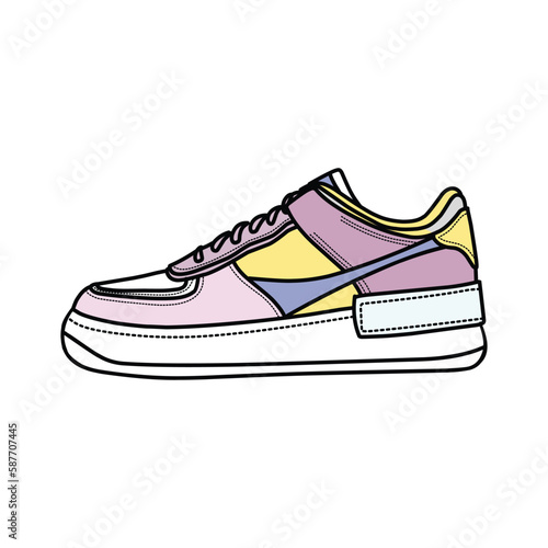 Sneakers Design with Side angle. Sport shoes . Draft. Flat design. Vector illustration. Sneakers in a flat style. Side view sneakers. Fashion sneakers.