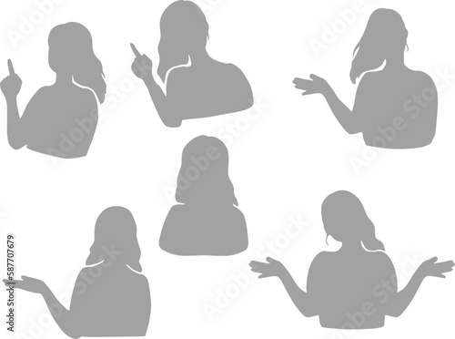 案内、説明する女性のシルエットイラスト　グレー