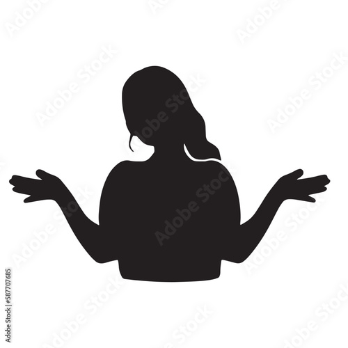 両手を広げて首をかしげる女性のシルエットイラスト 黒