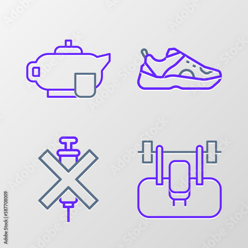 Set line Bench with barbel, No doping syringe, Sport sneakers and Teapot cup icon. Vector