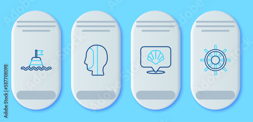 Set line Diving hood, Scallop sea shell, Floating buoy on the and Ship steering wheel icon. Vector