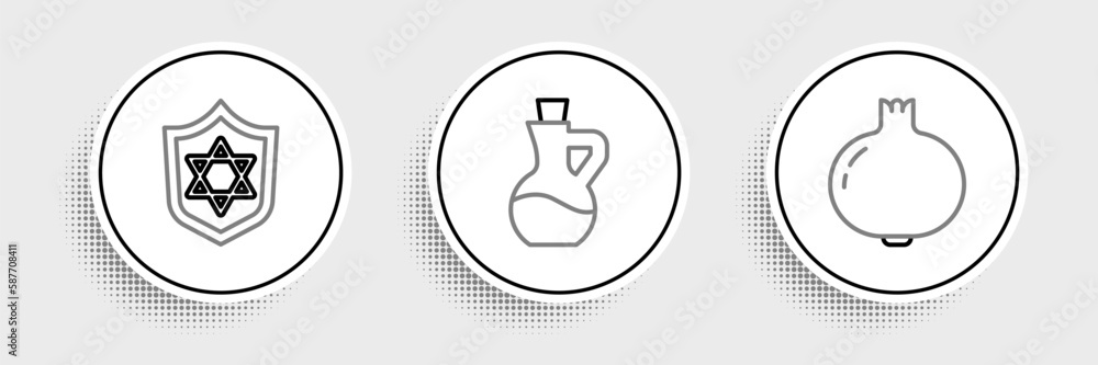 Set line Pomegranate, Shield with Star of David and Bottle olive oil icon. Vector Set line Pomegranate, Shield with Star of David and Bottle olive oil icon. Vector