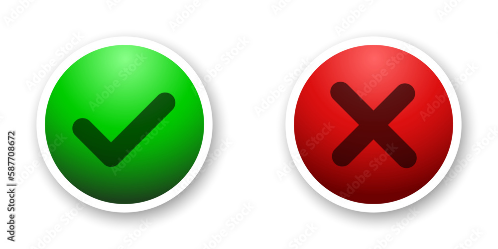Flat icons with checkmark and cross. Vector elements of green and red colors on white background with shadow underneath. Best for mobile apps, UI and web design. Flat icons with checkmark and cross. Vector elements of green and red colors on white background with shadow underneath. Best for mobile apps, UI and web design.