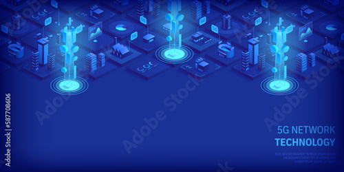 5g network technology concept. Wireless mobile telecommunication service. City buildings with telecommunication towers. Marketing website landing template. Isometric vector illustration.