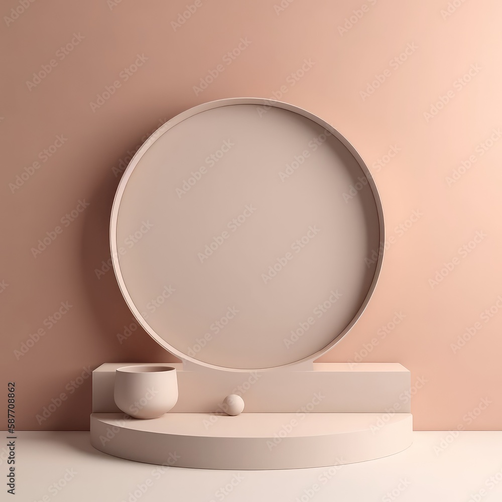 A realistic scene with a pedestal in pastel pink colors. Background for product demonstration. Created with generative AI. A realistic scene with a pedestal in pastel pink colors. Background for product demonstration. Created with generative AI.