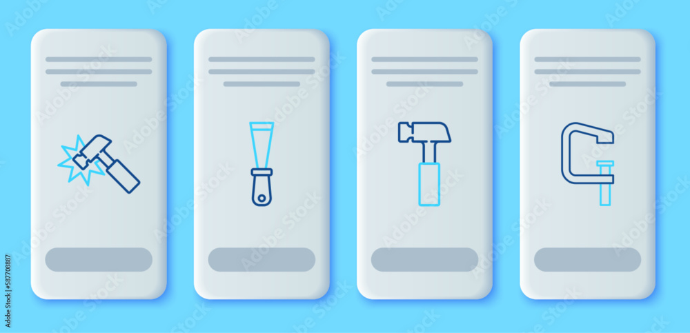 Set line Putty knife, Hammer, and Clamp and screw tool icon. Vector