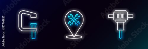 Set line Construction jackhammer, Clamp and screw tool and Location with wrench icon. Glowing neon. Vector