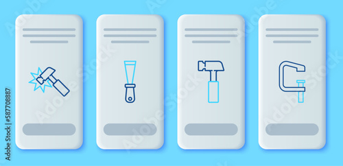Set line Putty knife, Hammer, and Clamp and screw tool icon. Vector